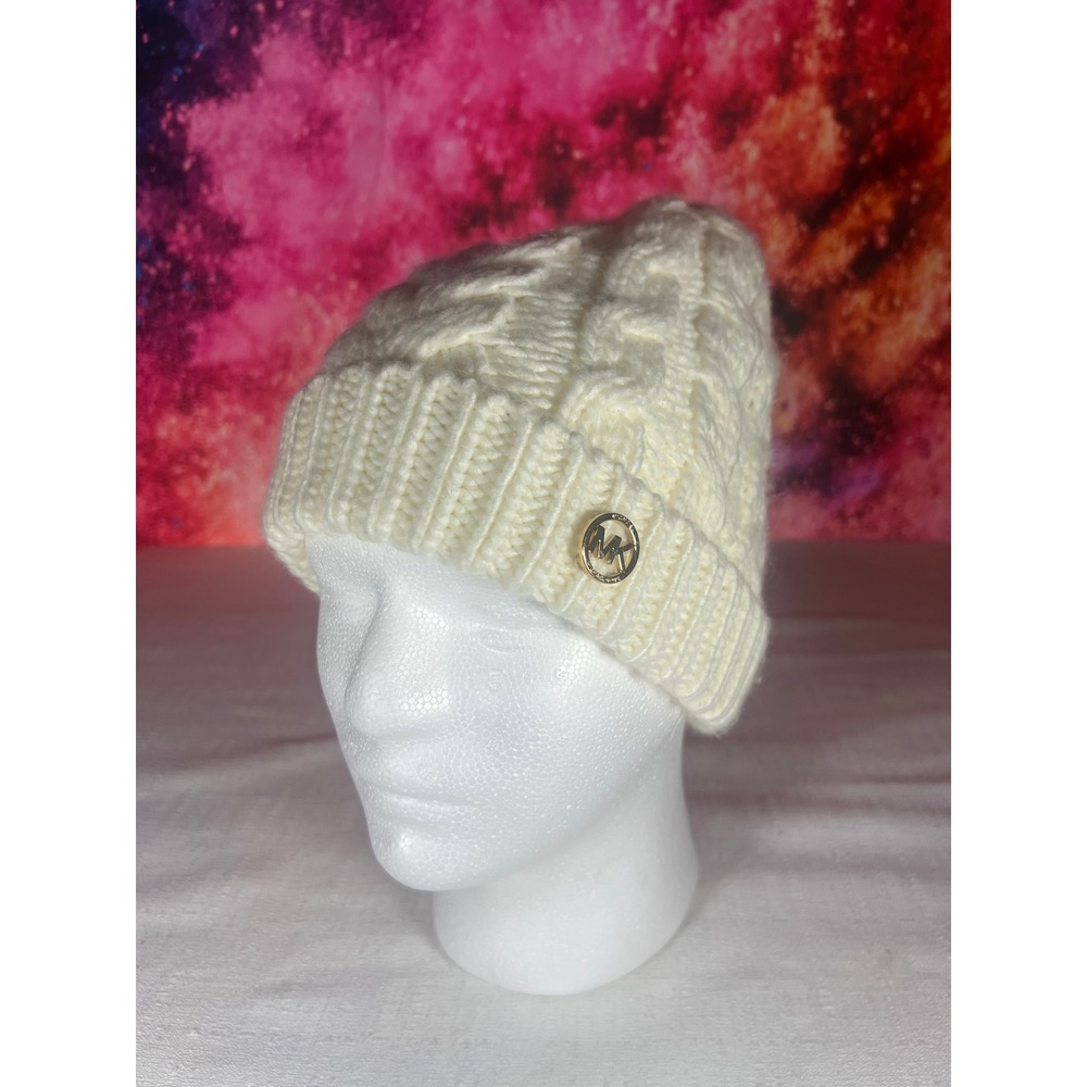 Michael Kors Cream Cable Knit Beanie Gold MK Logo Medallion Winter Hat White